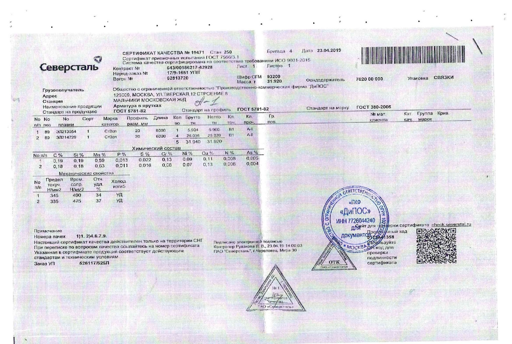 Сертификат на арматуру 20 класса А1 ст3сп от 2009-04